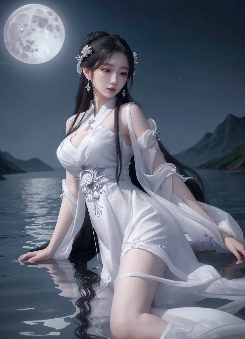 a woman in a white dress sitting on the water with a full moon in the background, a beautiful fantasy empress, by Yang J, beautiful maiden, ethereal beauty, ((a beautiful fantasy empress)), goddess of the moon, full body xianxia, anime goddess, moon goddess, white hanfu, beautiful goddess, guweiz, beautiful fantasy maiden, flowing magical robe