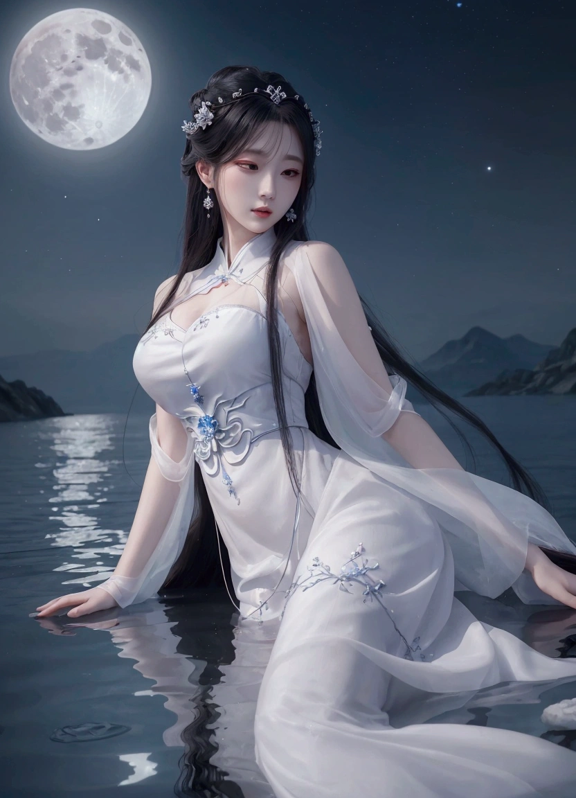 a woman in a white dress sitting on the water with a full moon in the background, a beautiful fantasy empress, by Yang J, beautiful maiden, ethereal beauty, ((a beautiful fantasy empress)), goddess of the moon, full body xianxia, anime goddess, moon goddess, white hanfu, beautiful goddess, guweiz, beautiful fantasy maiden, flowing magical robe