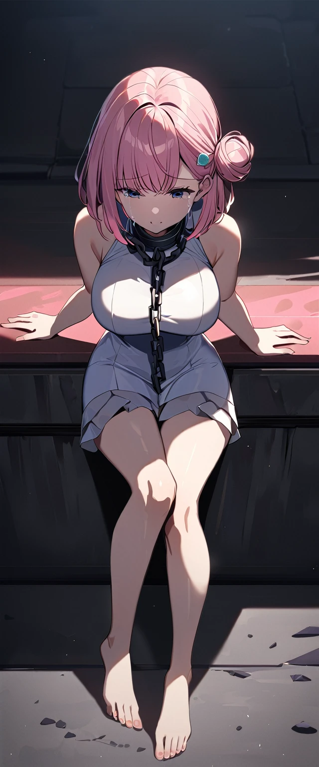 One Girl, yuigahama yui, , short hair, Pink Hair, Hair Bun, (Large Breasts), 
(Highest quality, High resolution, 4K, Detailed lighting, Shaders), 

Chained, 
Crying with shame, Raise the hand,  
Concrete Background, Lie in, 

Clothing without area, Exciting, The whole body to the toes,