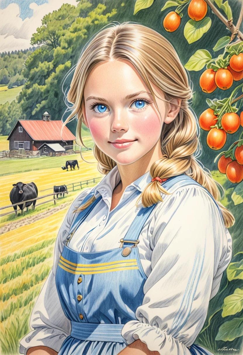 A colored pencil sketch of a pretty swedish farm girl.