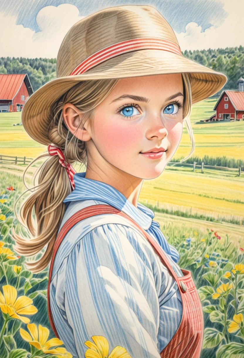 A colored pencil sketch of a pretty swedish farm girl.