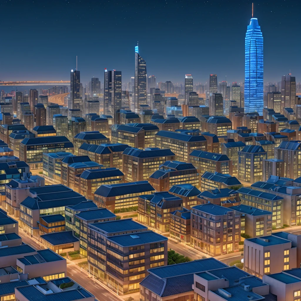 Blue city with several buildings at night
