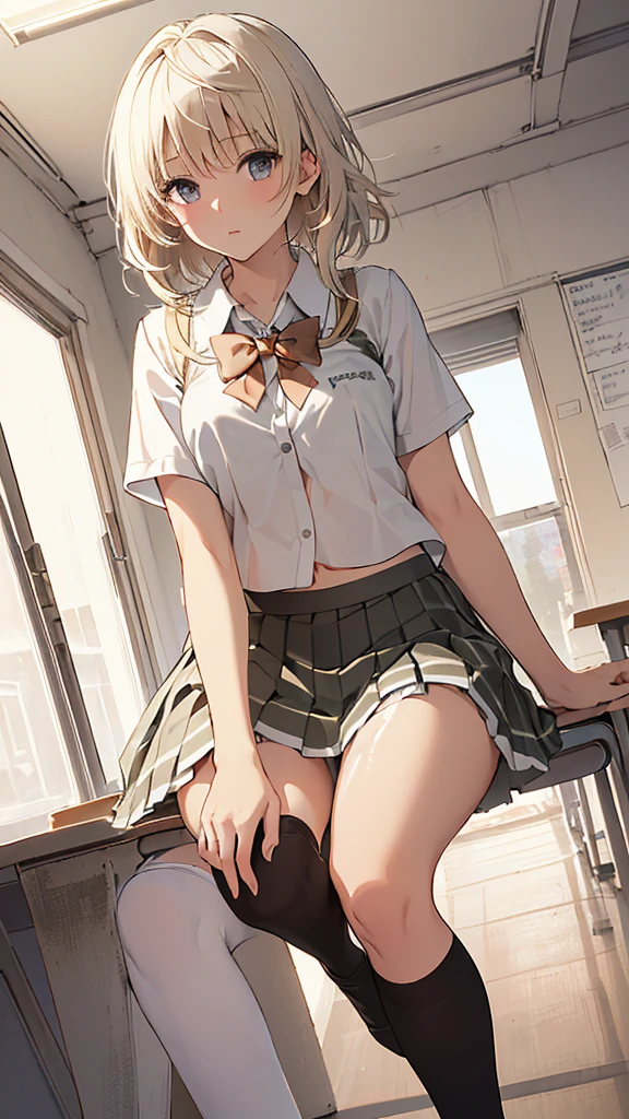 (((Angle from directly below))), Beautiful details, 16K, Absurd, masterpiece, Super detailed, beautiful girl, ((Detailed shiny detailed feminine shiny padded white panties backside)), One girl crouching, (((Panty Force))), From behind,  Platinum Blonde Hair、Panty shot、from below:1.3、(((school uniform、Pleated skirt、Knee socks))),School classroom