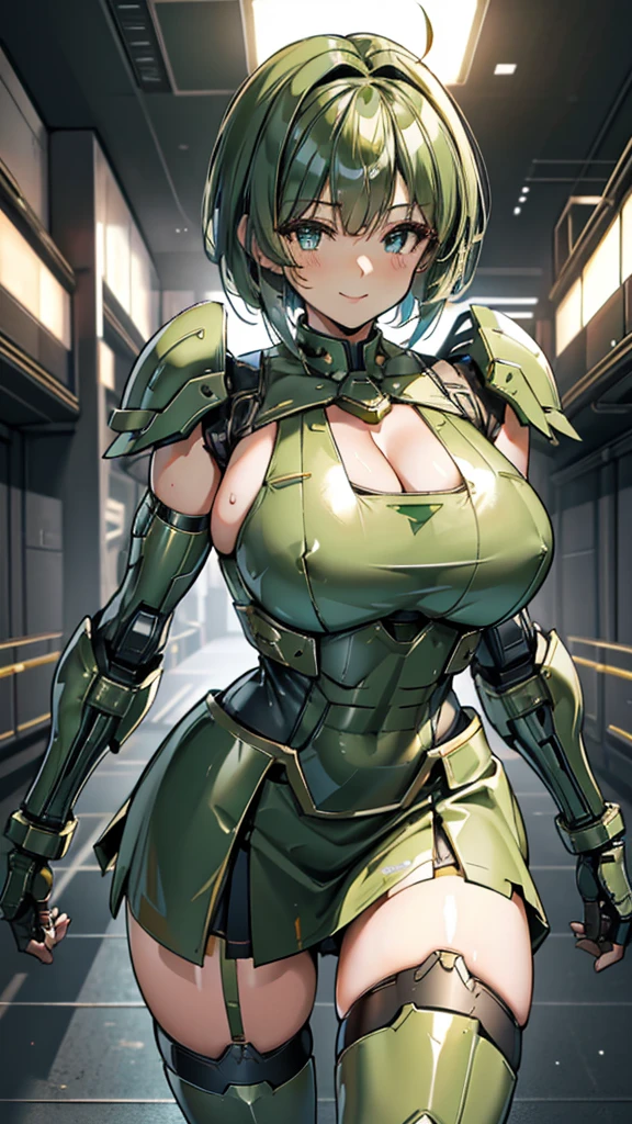 Military green translucent armor,Arm mecha,light blue short hair,Braided hairstyle,Large Breasts,Cleavage,Pistol hanging from waist,fighter pilot,fighter hangar,Sexy,Lipstick,miss,Golden Eyes,stockings,Short skirt,Smile