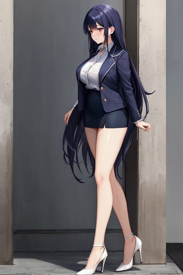 Giant Woman、7:3 parting、semi-long、Navy blazer、White shirt、Navy Tight Skirt、Black High Heels、Building district