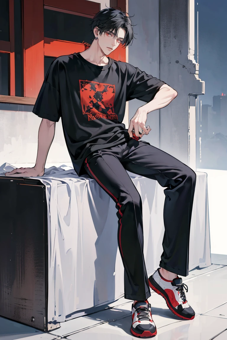 (masterpiece), best quality, seductive eyes, perfect face, handsome man, red eyes, short messy black hair, long nose, plain t-shirt, grey fitted pants, black sneakers, full body, extremely tall man, long legs, long calves, anime cover, 1boy, ear piercings, adult-like look, there's a beautiful background, bad boy
