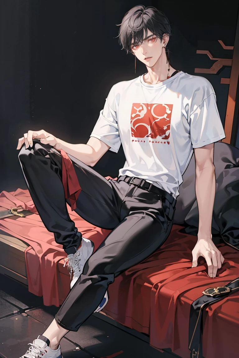 (masterpiece), best quality, seductive eyes, perfect face, handsome man, red eyes, short messy black hair, long nose, plain t-shirt, grey fitted pants, black sneakers, full body, extremely tall man, long legs, long calves, anime cover, 1boy, ear piercings, adult-like look, there's a beautiful background, bad boy