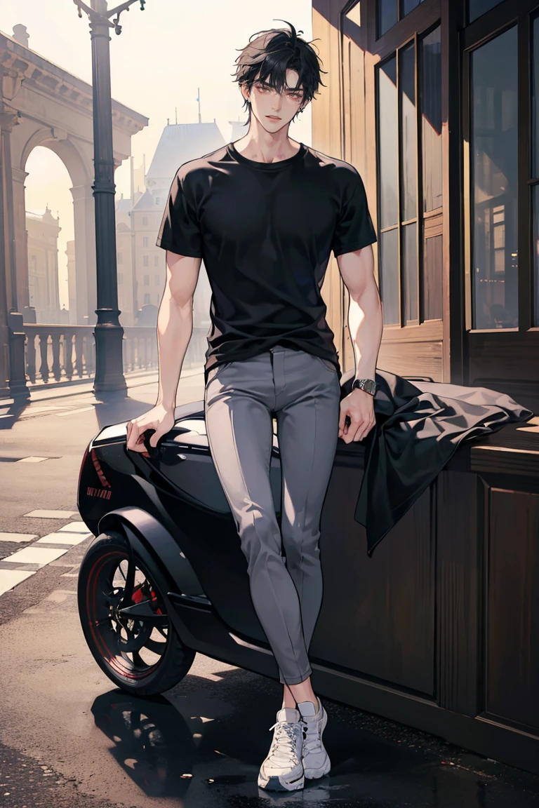(masterpiece), best quality, seductive eyes, perfect face, handsome man, red eyes, short messy black hair, long nose, plain t-shirt, grey fitted pants, black sneakers, full body, extremely tall man, long legs, long calves, anime cover, 1boy, ear piercings, adult-like look, there's a beautiful background, bad boy