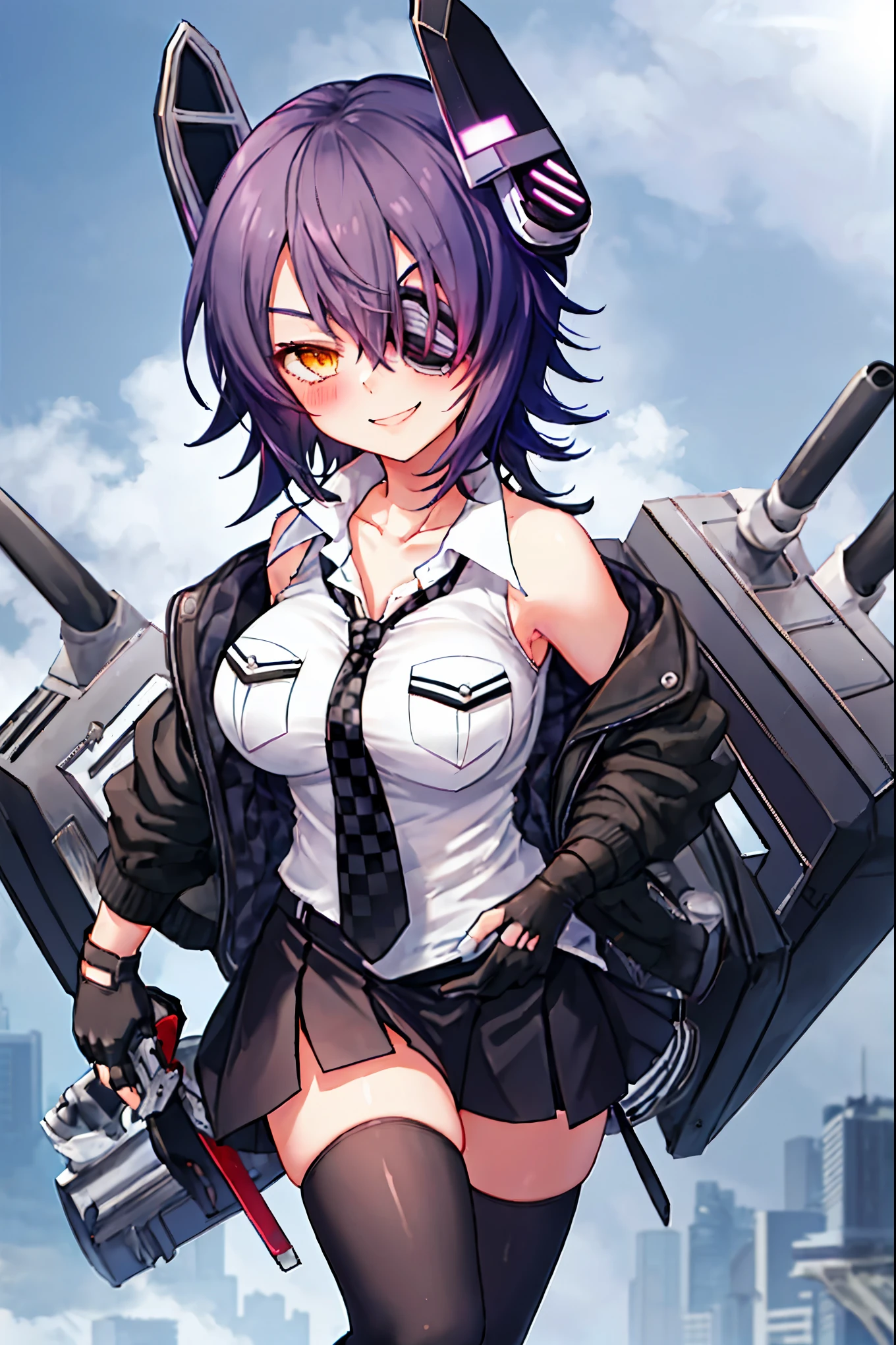 best quality, masterpiece, solo, {tenryuu_kantaicollection:1.15}, _girl, eyepatch, short_hair, purple_hair, yellow_eyes, headgear, breasts, necktie, large_breasts, smile, 1girl, blush, checkered_necktie, hair_over_one_eye, shirt, collared_shirt, white_shirt, sleeveless, brown_eyes, collarbone, looking_at_viewer, pocket, breast_pocket, ,, messy_hair, black_gloves, gloves, partially_fingerless_gloves,town_landscape_background,,short_skirt,thigh-highs,boots,sunlight,looking_from_below