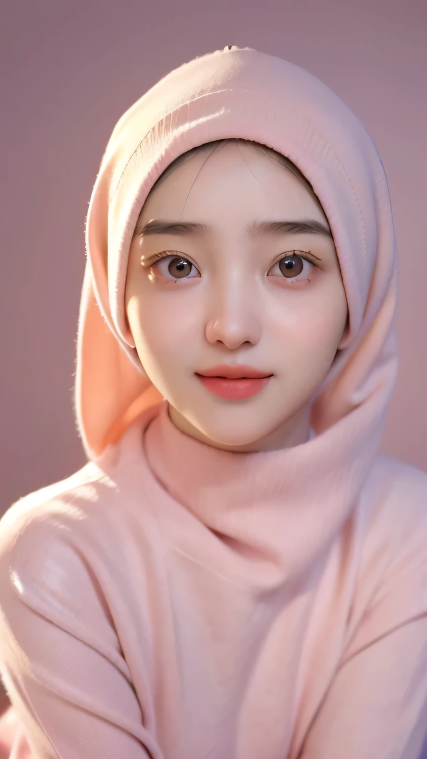 a 20 yo woman,hijab, soft pink sweater, dark theme, soothing tones, muted colors, high contrast, (natural skin texture, hyperrealism, soft light, sharp), simple background, smile, natural beauty