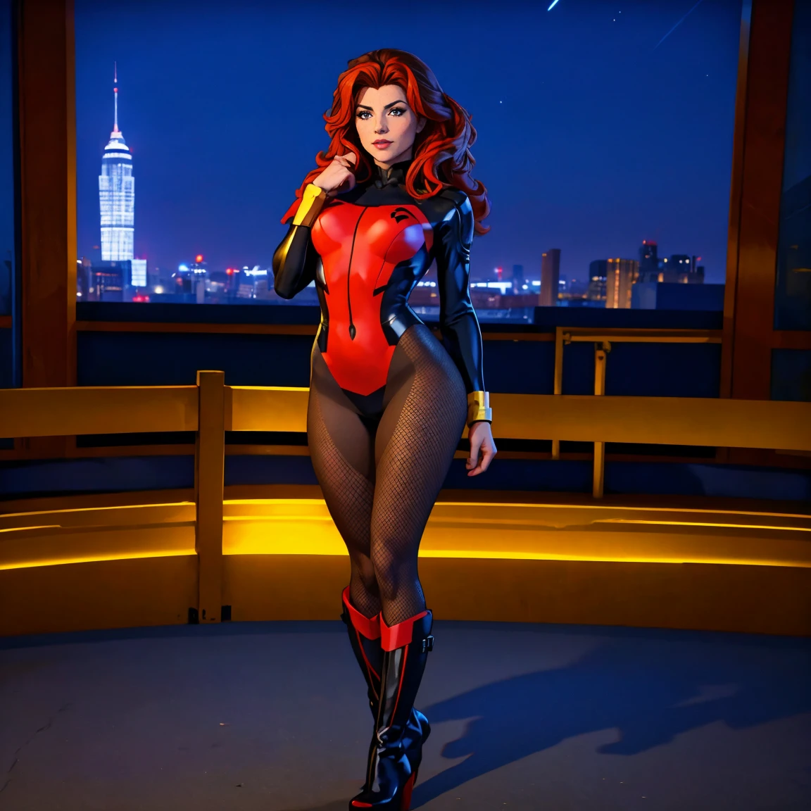 ((photo by full body, standing, Feet on the ground)) (best qualityer, 4K, 8k, high resolution, work of art: 1,2), ultra detali, fishnet pantyhose, (realisitic, photorealisitic, photorealisitic: 1, 37), photo by full body, on its own, x-men, yellow high boots, beauty pose, standing, show feets, out, city roof at night, red black and white uniform

