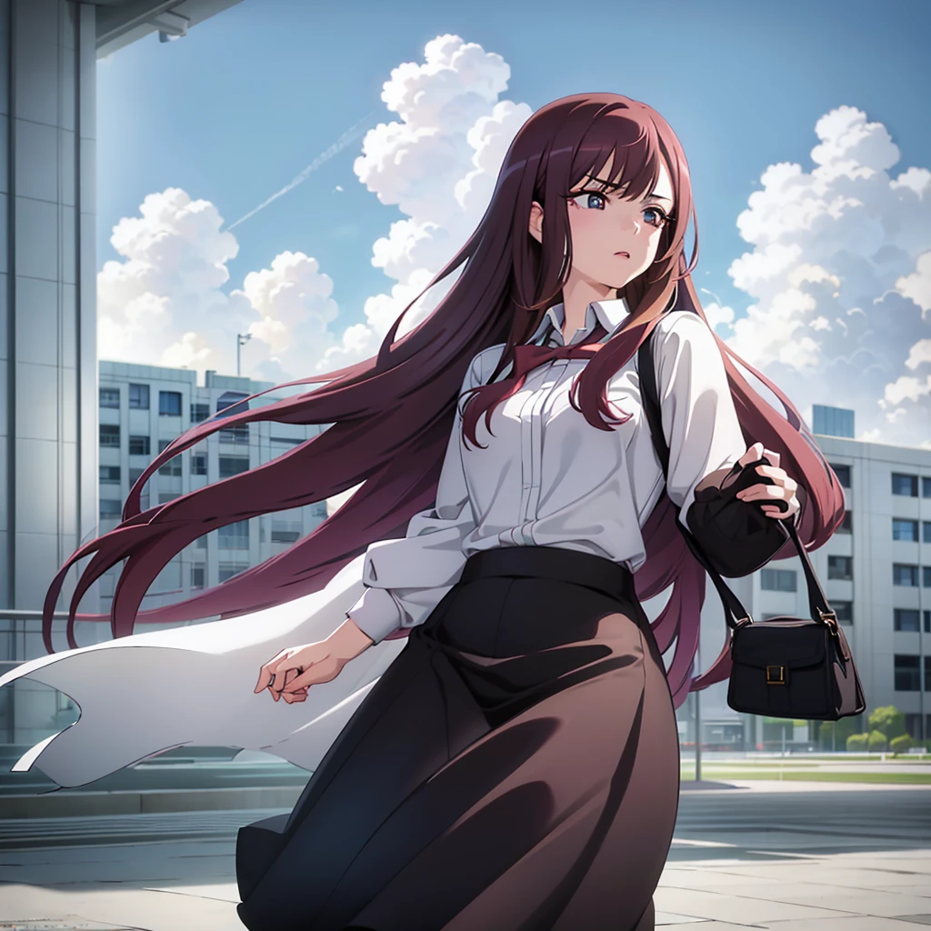 a girl standing in a school, , long brown hair, beautiful detailed eyes, beautiful detailed lips, extremely detailed face, longeyelashes, serious expression, backpack, school building, blue sky, white clouds, (best quality,4k,8k,highres,masterpiece:1.2),ultra-detailed,(realistic,photorealistic,photo-realistic:1.37),intricate details,highly detailed,professional painting,vibrant colors,natural lighting