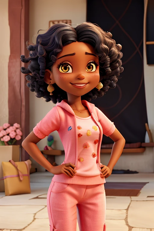 a woman with black skin, with very short hair like a curly man, pink clothes written "NS Creating & Embroidering", smiling and advertising some embroidery item 