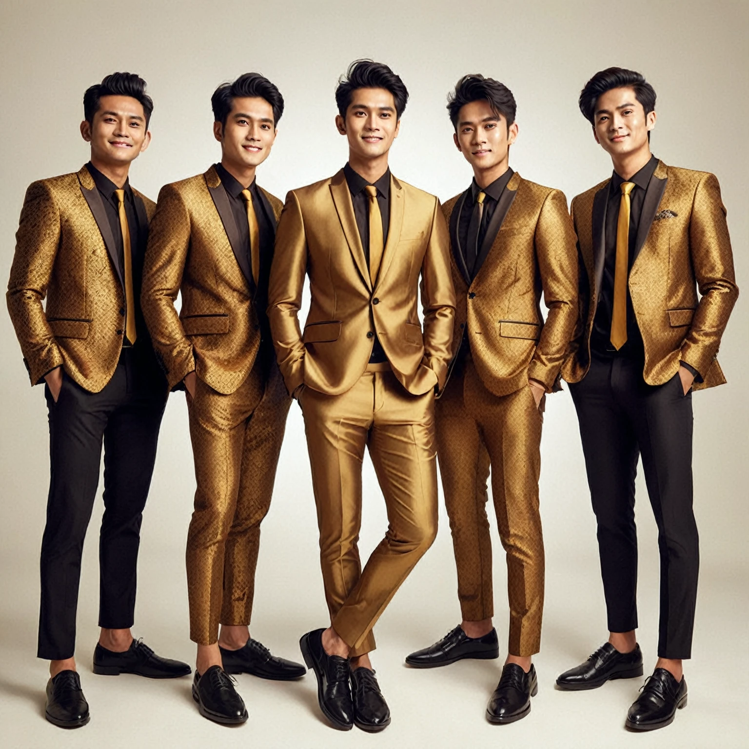 group photography of five Indonesian men wearing matching clothes; gold suit, ties, black trousers, black shoes, standing next to each other, confident style, posing for a photo shoot, gaze at the camera, they are smilling, bright lighting, photorealistic, intricate details, sharp focus, UHD 8K, high quality photos.