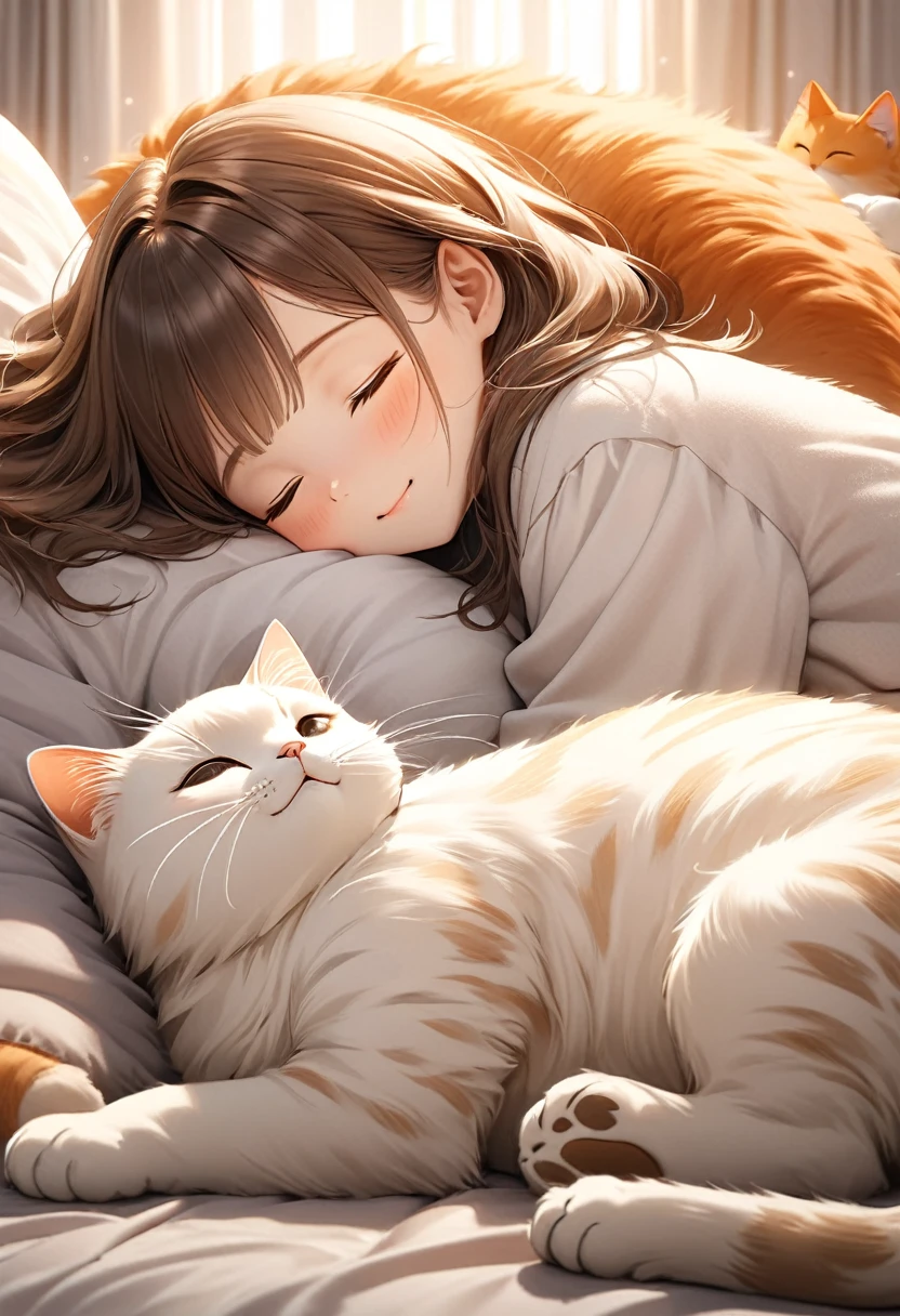 cute giant cat and cute girl, (cat bigger than the girl):1.5, giant fluffy adorable cat, leaning and sleeping side by side together on the bed, girl and cat happy full atmosphere, highly detailed, cinematic lighting, complex Detailed, warm colors, dreamy, soft focus, 8k, top quality, photorealistic