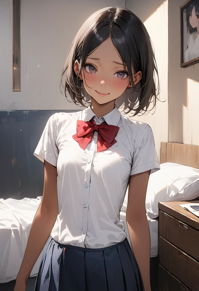 ((masterpiece,Highest quality:1.3,best quality illustration)),((realistic:1.2)),cowboy shot,独奏,1woman,18 year old beauty、black hair,short bob hair,(center parted bangs),black eyes,(gorgeous eyes),((very small head:1.3)),shy,smile,((slender body,skinny)),(tan skin:1.4),small breasts,White short-sleeved collared shirt、red bowtie,Navy blue pleated mini skirt),gleaming skin,oily skin,slender body, Simple bed、Simple bedroom、Tokyo、