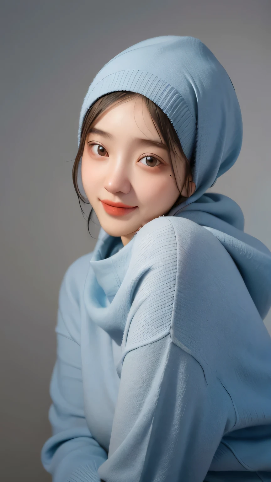a 20 yo woman,hijab, soft blue sweater, dark theme, soothing tones, muted colors, high contrast, (natural skin texture, hyperrealism, soft light, sharp), simple background, smile, natural beauty, gray background