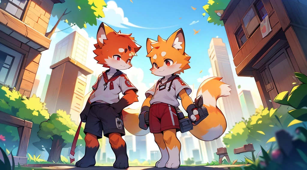 Red Panda Boy,8k resolution,Furry,          Uniform attire,Red collar,feetは二つ,feetで立つ！                   towering,lanky,lanky,：slim body,：tall hands,feet,It's bright outside,Collapsed City,building,broken,・split arms,・bad anatomy,・bad body,