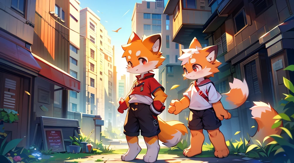 Red Panda Boy,8k resolution,Furry, Uniform attire,Red collar,feetは二つ,feetで立つ! towering,lanky,lanky,:slim body,:tall hands,feet,It's bright outside,Collapsed City,building,broken,・split arms,・bad anatomy,・bad body,