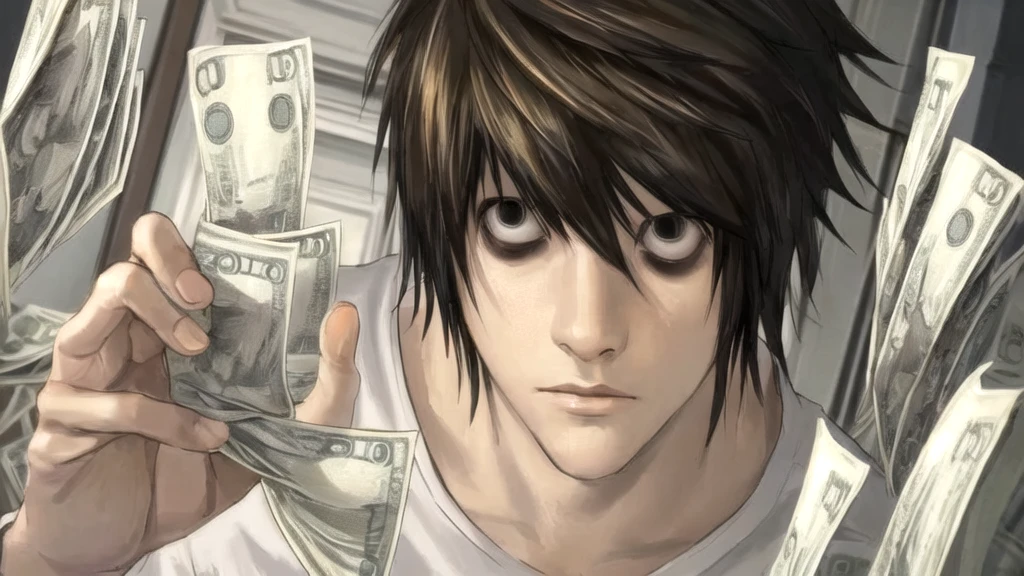 1 boy, man, perfect anatomy, mesmerizing black eyes, 8k resolution, (one person), (realism: 1.2), (masterpiece: 1.2), (cowboy frame: 1.2), dark romantic lighting, (high detail: 1.2), (detailed face: 1.2), (gradients), bright detailed eyes, (natural light: 1.2), solo, indoors, perfect lighting, perfect facial features, perfect angle, perfectly drawn eyes, man, skinny, serious expression, money, dollars, gold around, dollars