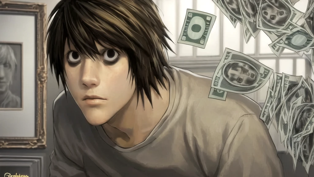 1 boy, man, perfect anatomy, mesmerizing black eyes, 8k resolution, (one person), (realism: 1.2), (masterpiece: 1.2), (cowboy frame: 1.2), dark romantic lighting, (high detail: 1.2), (detailed face: 1.2), (gradients), bright detailed eyes, (natural light: 1.2), solo, indoors, perfect lighting, perfect facial features, perfect angle, perfectly drawn eyes, man, skinny, serious expression, money, dollars, gold around, dollars