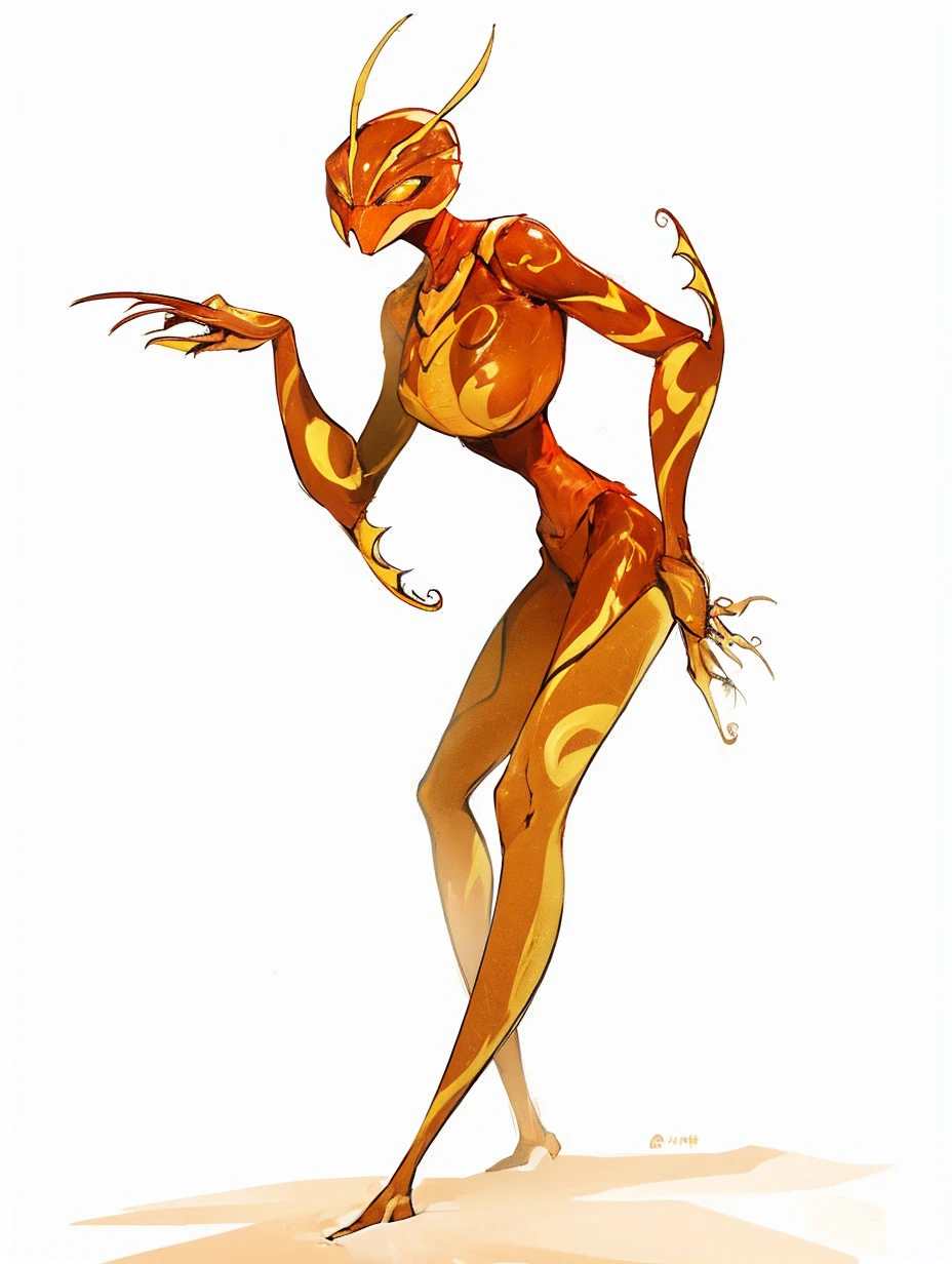 Four arms, two regular ones, and two smaller ones underneath, big tits, an ant's head, orange chitin, a small tattered cloak  