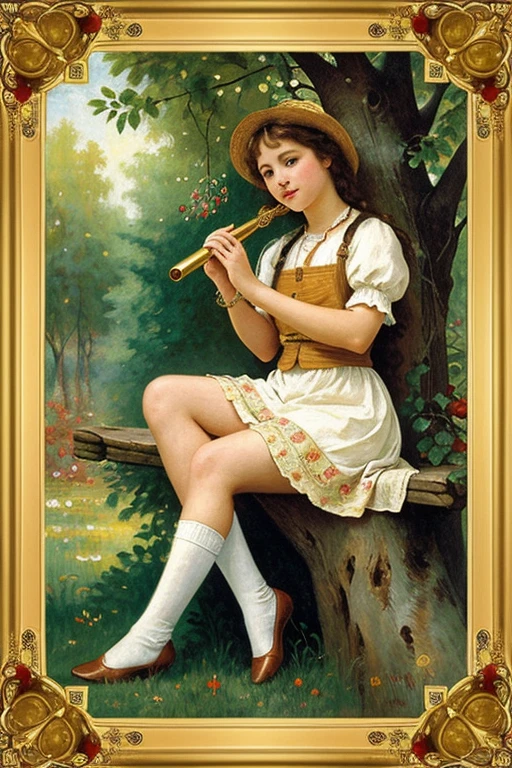 ((Best Quality)), ((masterpiece)), (detailed), 1 girl, logo of a delicatessen business, with a frame, Mucha Style, colorful, lively. A beautiful young girl appears, country style, eating a flute-style sandwich sitting in a tree. Nice legs. Bucolic. peasant girl. very 