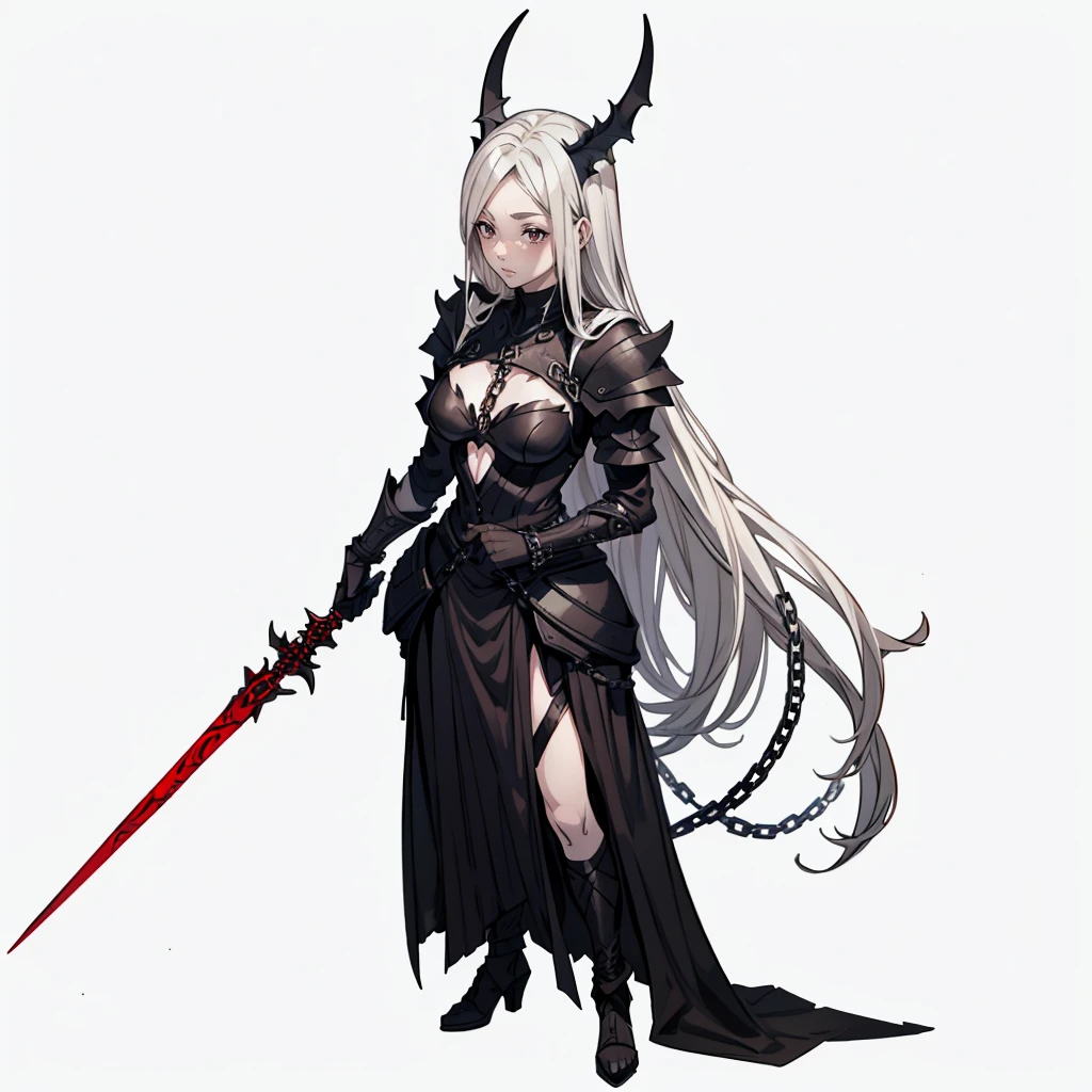 A tall woman, robusta, cabelos longos e negros, pale skin, red eyes and wears black armor with black details, wielding a chain linked to a black hook with red visages