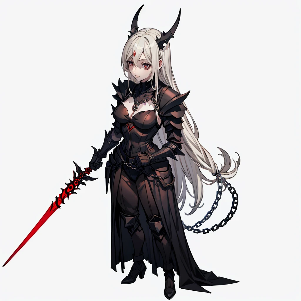 A tall woman, robusta, cabelos longos e negros, pale skin, red eyes and wears black armor with black details, wielding a chain linked to a black hook with red visages