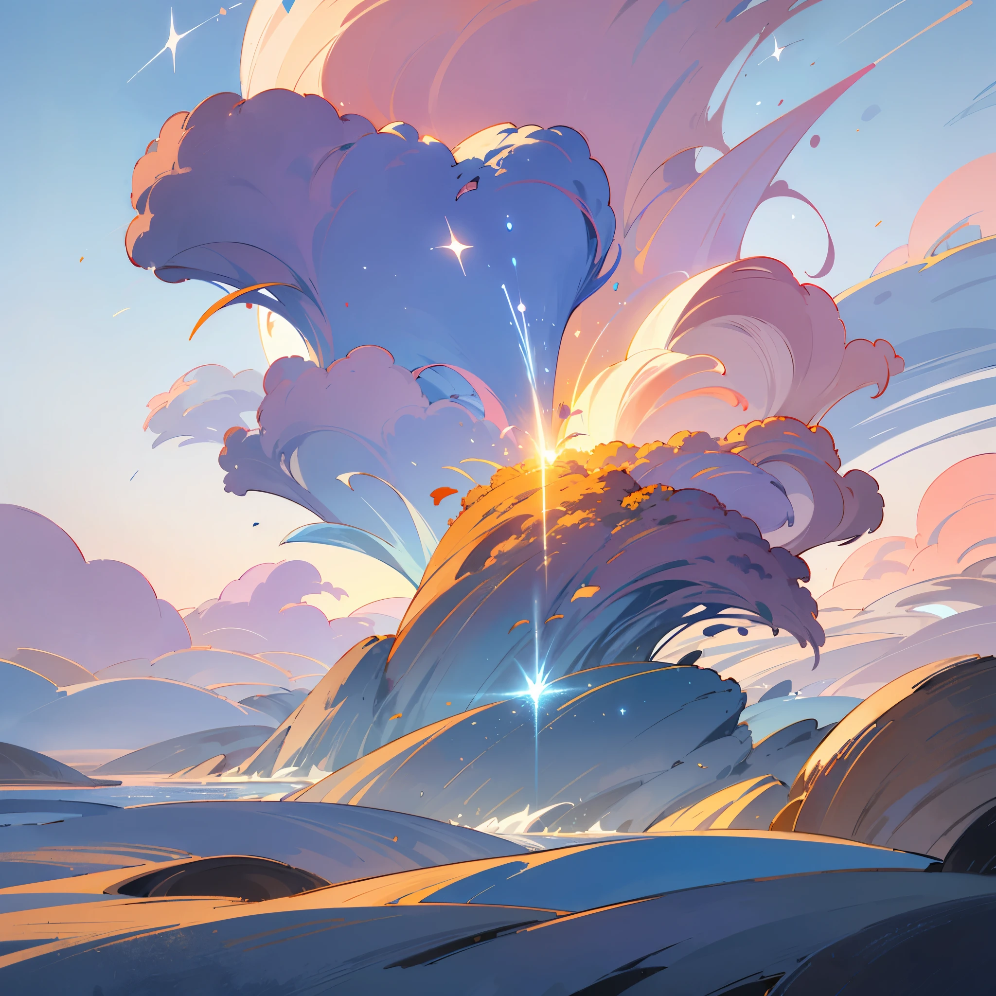 ((best quality)), ((masterpiece)), (detailed),In a stunning blend of anime and real-world styles, the sky is painted in breathtaking hues of dawn, with shades of deep blue transitioning into vibrant pinks and oranges. Wisps of clouds float gently across the scene, illuminated by the soft light of the rising sun. A comet with a glowing tail streaks across the sky, leaving a trail of shimmering stardust in its wake. The comet's journey seems purposeful, as if it's chasing a distant, unknown goal, embodying a sense of longing and nostalgia (hiraeth). The foreground features a lush landscape with fantastical elements like bioluminescent plants and unusual rock formations, adding to the surreal beauty of this fantasy world. The overall resolution is in 4K, ensuring ultra-high-definition clarity and detail.

