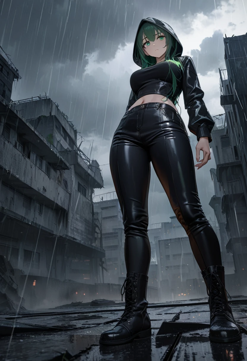 ((Best quality, 8K, masterpiece:1.3)), anime style, full body, a fallen hero turned assassin standing on the rooftop of an abandoned building in a rainy, dark city, (looking into the distance with despair:1.4), wearing a black leather jacket with a hood partially covering her face, tight black tank top, black pants, tall leather boots, athletic and slender figure with well-defined muscles, broad shoulders, narrow waist, (green eyes:1.3), gaze filled with suffering and determination, (camera angle from below:1.2), highlighting her dominant and vulnerable stance, rain and dark clouds creating a gloomy atmosphere, highly detailed textures and shadows.