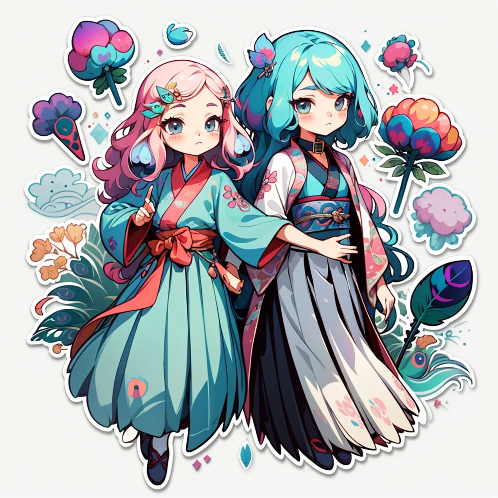 1 sticker, handbook, (2d sticker, 1 girl, Korean clothes, gorgeous collar top, pleated long skirt, embroidery, peacock, hairpin, folding fan, feather, parts split), watercolor, white background, simple background, minimal, cute, tiny, pastel color, vector style, no gradient,