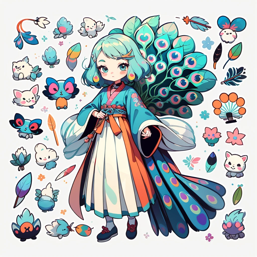1 sticker, handbook, (2d sticker, 1 girl, Korean clothes, gorgeous collar top, pleated long skirt, embroidery, peacock, hairpin, folding fan, feather, parts split), watercolor, white background, simple background, minimal, cute, tiny, pastel color, vector style, no gradient,