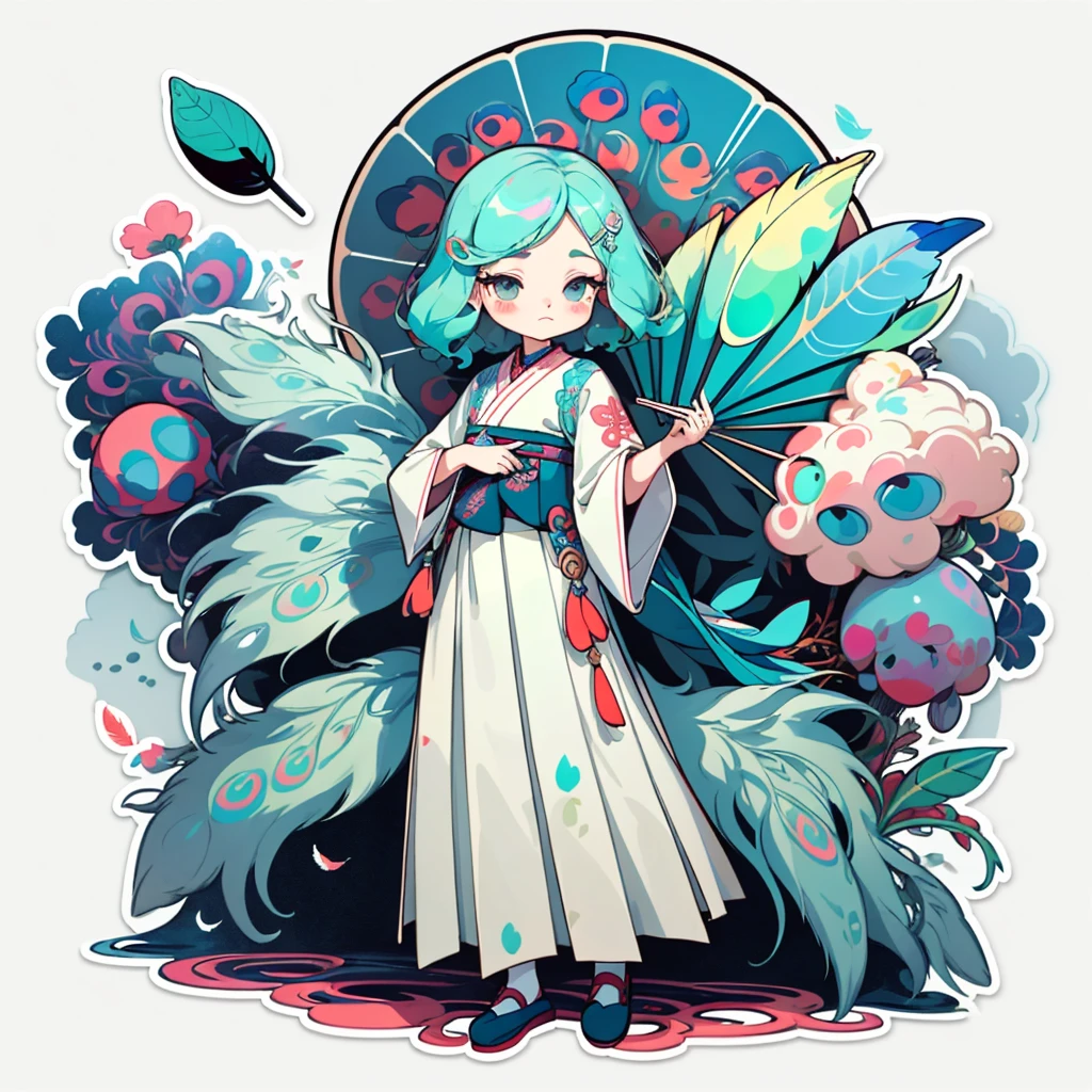 1 sticker, handbook, (2d sticker, 1 girl, Korean clothes, gorgeous collar top, pleated long skirt, embroidery, peacock, hairpin, folding fan, feather, parts split), watercolor, white background, simple background, minimal, cute, tiny, pastel color, vector style, no gradient,
