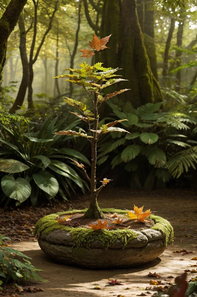 A whimsical miniature figure composed of delicately arranged autumn leaves, poised in a carefree dance on the rim of a weathered, moss-covered terracotta pot, set against a lush, vibrant forest backdrop, where dappled sunlight filters through the canopy above, casting intricate shadows. The overall aesthetic is ethereal, with warm, earthy tones of sienna, umber, and olive green, infused with hints of emerald and golden light, evoking a sense of wonder and enchantment, as if plucked from a fantastical realm.