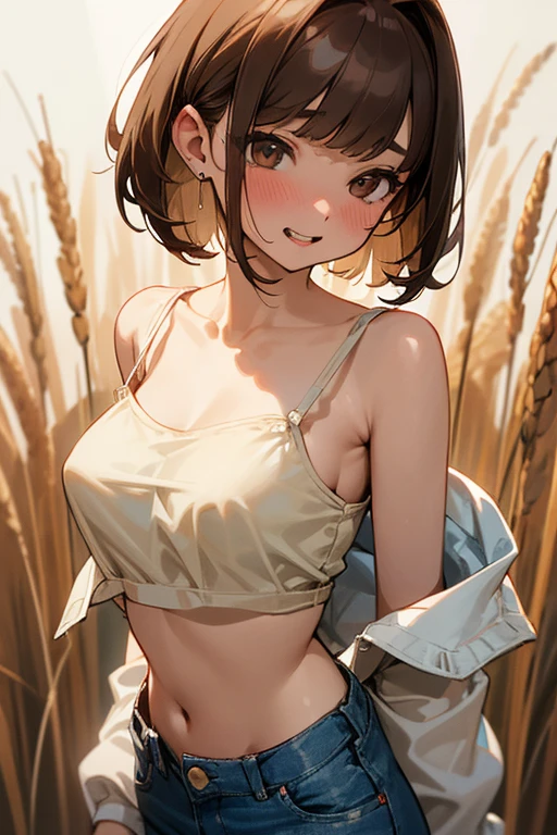 One girl, solo, High resolution, Blushing, Brown Hair, teeth, tongue, High resolution, Shortcuts, Bangs, Bob Hair, Disheveled Hair, White KNIT camisole、Sheer tube top bra、Shoulder straps、Wear a loose, oversized shirt、Denim pants、Earrings、Wheat skin、beautiful girl、、slender、mini brests、