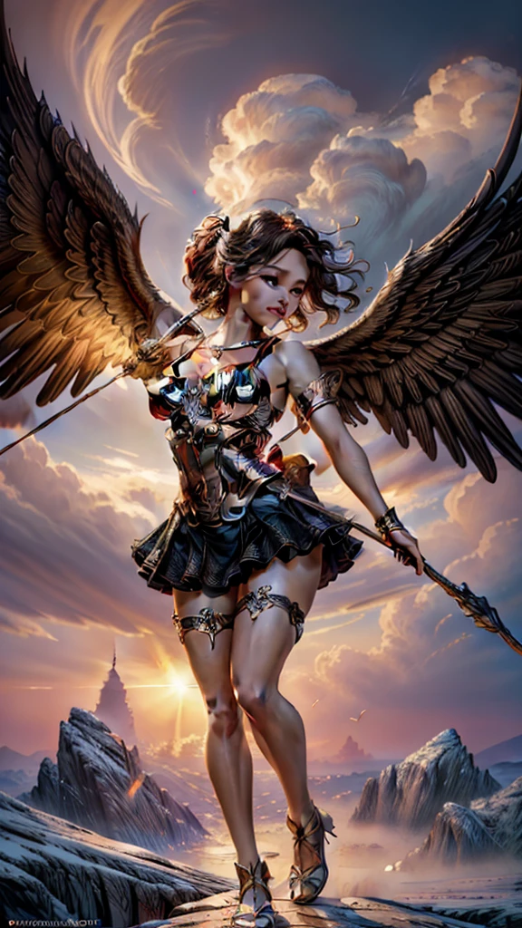 a cupid flying in a romantic sunset sky, detailed wings, intricate bow and arrow, glowing golden skin, angelic facial features, curly hair, cherubic expression, ornate decorative background, warm glowing lighting, cinematic composition, digital art, hyper detailed, matte painting style, vibrant colors, dramatic lighting, volumetric fog, ornate architectural elements, elegant flowing fabric, dramatic pose, (best quality,4k,8k,highres,masterpiece:1.2),ultra-detailed,(realistic,photorealistic,photo-realistic:1.37)