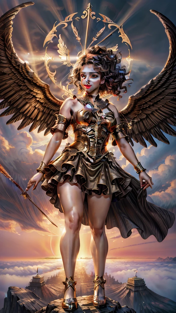 a cupid flying in a romantic sunset sky, detailed wings, intricate bow and arrow, glowing golden skin, angelic facial features, curly hair, cherubic expression, ornate decorative background, warm glowing lighting, cinematic composition, digital art, hyper detailed, matte painting style, vibrant colors, dramatic lighting, volumetric fog, ornate architectural elements, elegant flowing fabric, dramatic pose, (best quality,4k,8k,highres,masterpiece:1.2),ultra-detailed,(realistic,photorealistic,photo-realistic:1.37)