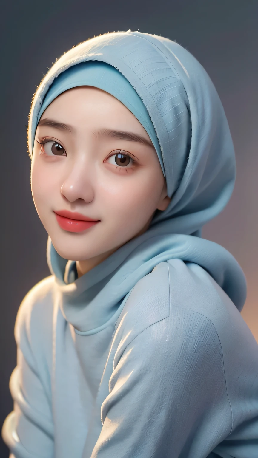 a 20 yo woman,hijab, soft blue sweater, dark theme, soothing tones, muted colors, high contrast, (natural skin texture, hyperrealism, soft light, sharp), simple background, smile, natural beauty