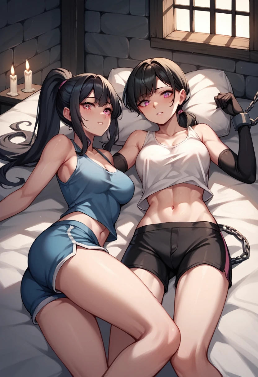 score_9, score_8_up, score_7_up, score_6_up, score_5_up, score_4_up, source_anime, 2girl, she's was lying down, bed, black hair, ponytail, pink eyes, w-w-chain, shackles, long gloves, shirts, tight shorts, night, candles, windows, dungeon, best quality, best res, 4K UHD,
 