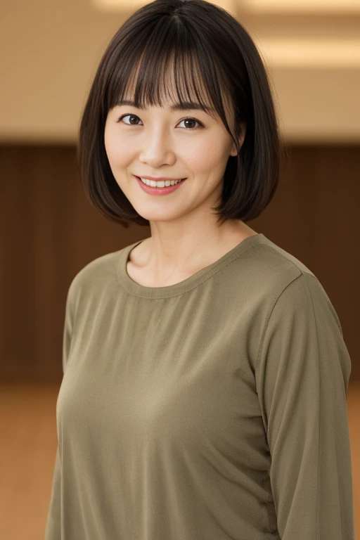 portrait, 8K, high quality, realistic photo images, 39 years old, japanese women, neat wife, small, housewife, Reproduces natural and realistic eyes, japanese stand, small, beautiful black hair, short hair, light makeup, octane rendering, beautiful lighting, golden ratio composition, smile, everyday clothes, casual clothes, natural background, blurred background, 4K, high quality, realistic photo images, japanese women, 37 years old, Pure Japan face, Beautiful wife, Upper body, small breasts, light makeup, No makeup, Neat beauty, mature woman, sober clothes, gray, beige, green, sober, casual clothes, smile, black hair, small black eyes, background blur