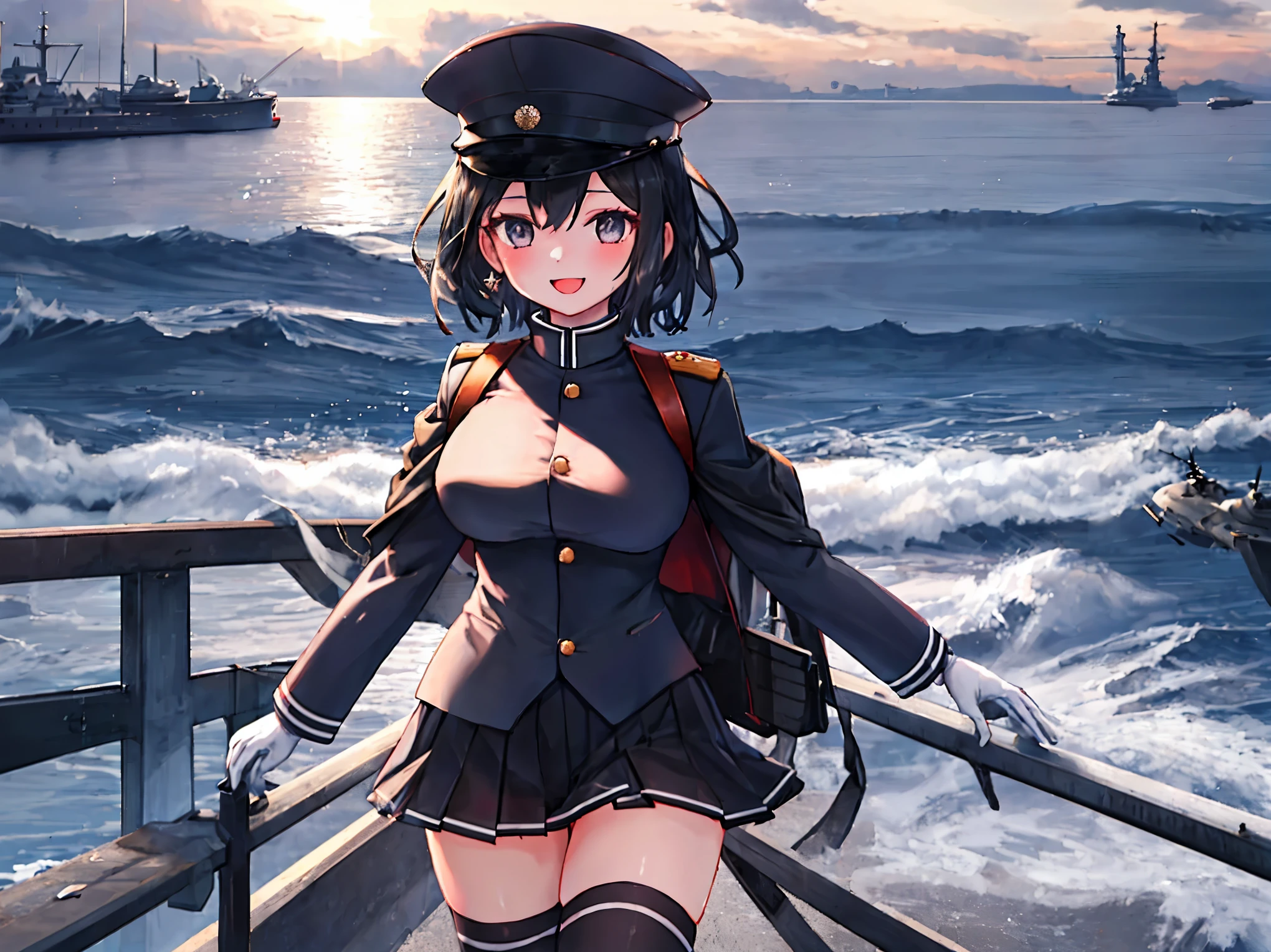 best quality, masterpiece, solo, {akitsu_maru_kantaicollection:1.15}, black_hair, short_hair, hat, peaked_cap, black_eyes, military, big_breasts, 1girl, black_headwear, looking_at_viewer,black_ military_uniform, uniform, military_hat, in_front_harbor_town_landscape_background, smile,(plump:0.7),,black_thigh-highs,joylight_open_mouth,