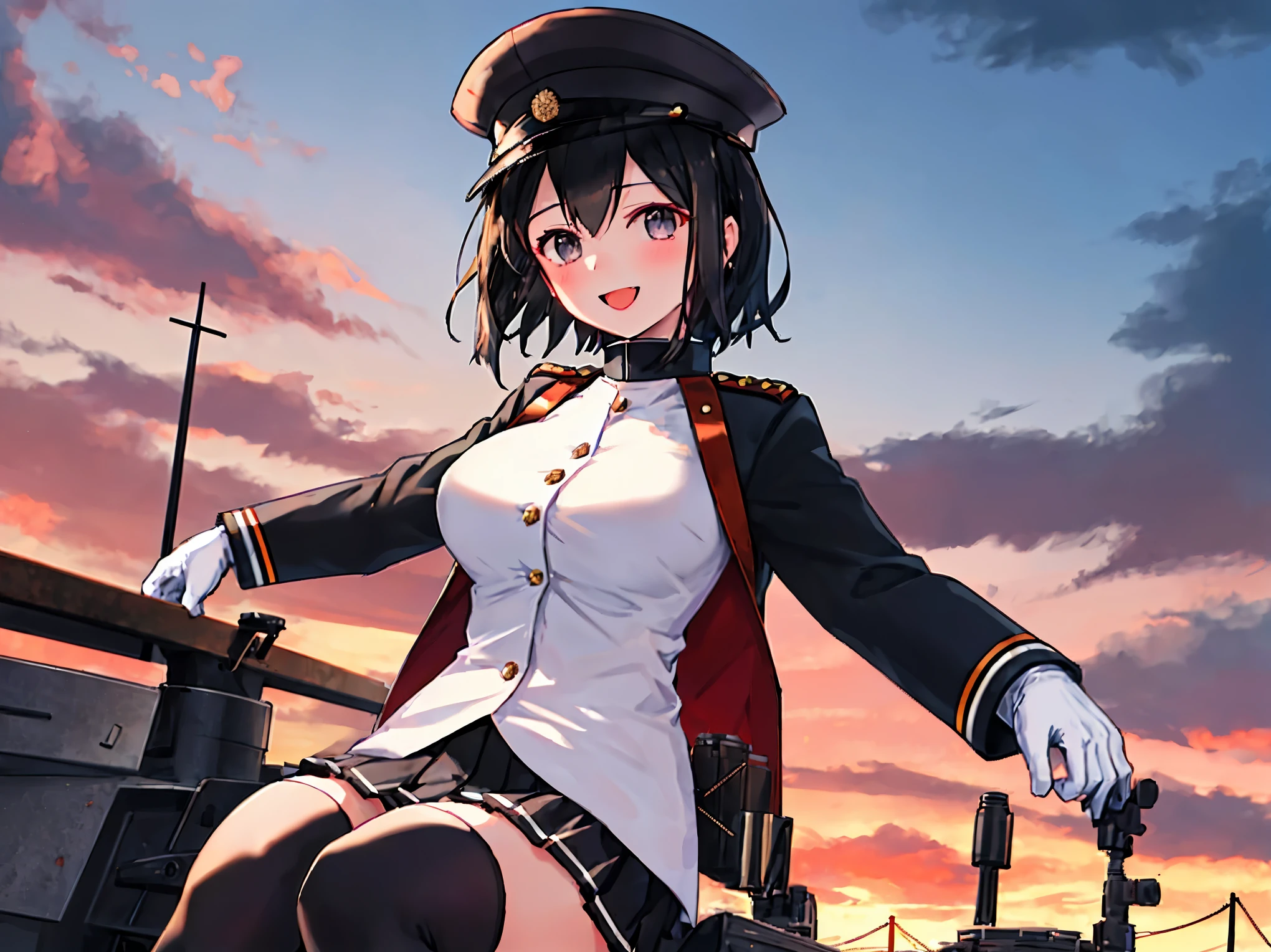 best quality, masterpiece, solo, {akitsu_maru_kantaicollection:1.15}, black_hair, short_hair, hat, peaked_cap, black_eyes, military, big_breasts, 1girl, black_headwear, looking_at_viewer,black_ military_uniform, uniform, military_hat, in_front_harbor_town_landscape_background, smile,(plump:0.7),,black_thigh-highs,joylight_open_mouth,