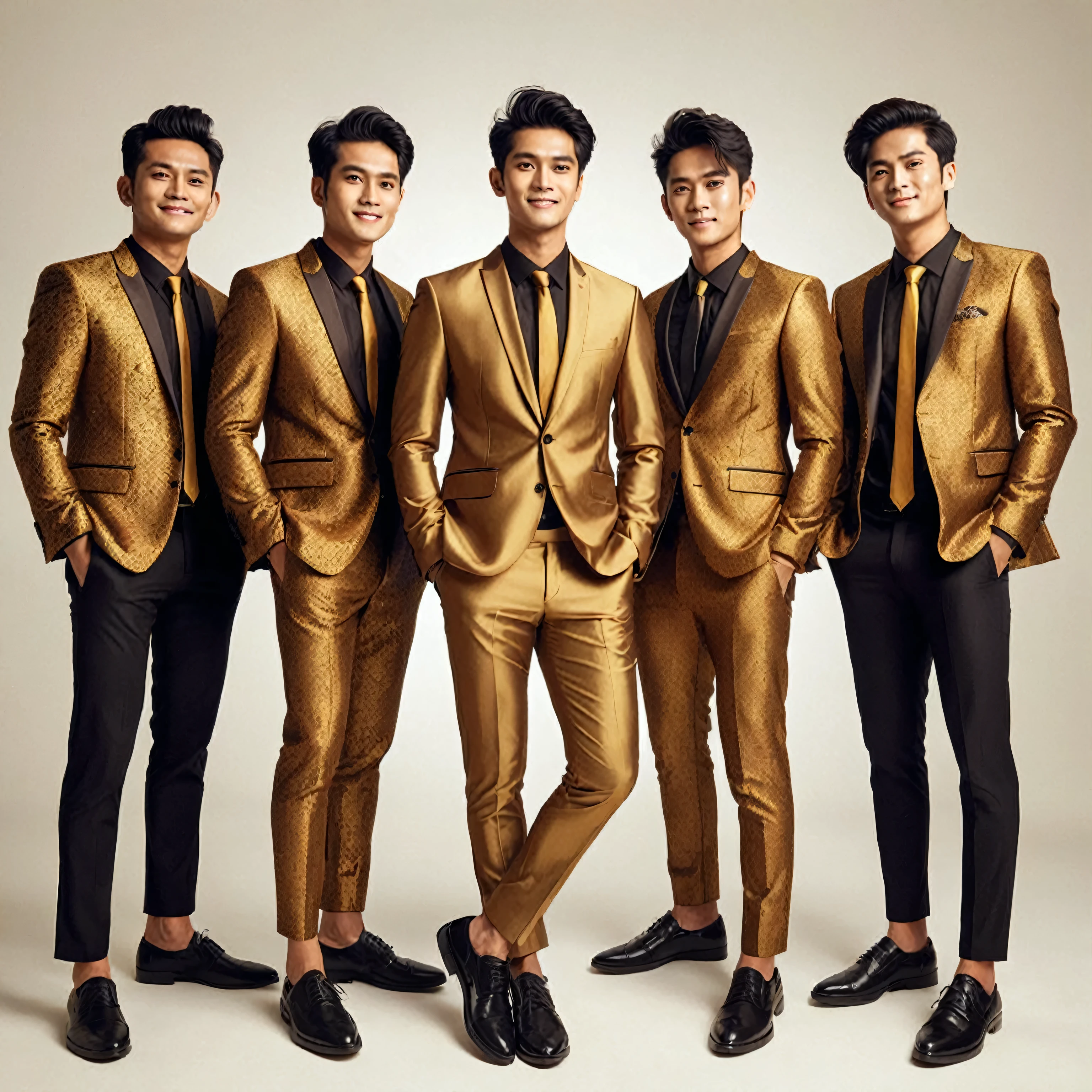 group photography of five Indonesian men wearing matching clothes; gold suit, ties, black trousers, black shoes, standing next to each other, confident style, posing for a photo shoot, gaze at the camera, they are smilling, bright lighting, photorealistic, intricate details, sharp focus, UHD 8K, high quality photos.