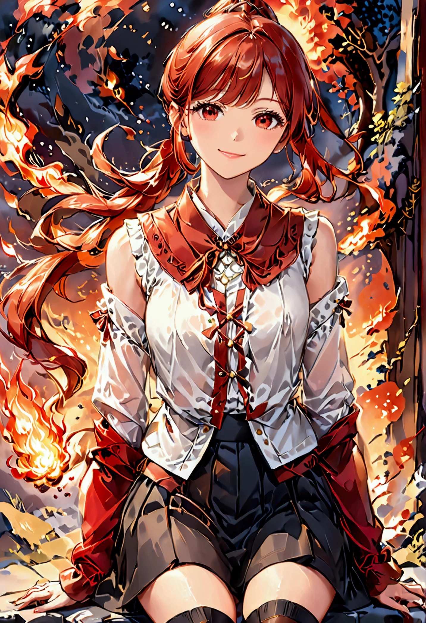 20 years old, long red hair, wears a ponytail, red eyes, always smiling. She dresses in an antique style, wearing a short brown skirt with black shorts underneath, ending above the knees. She wears knee-high brown boots. Her white blouse is sleeveless and features red details. She possesses fire powers and has a fire-themed background." 