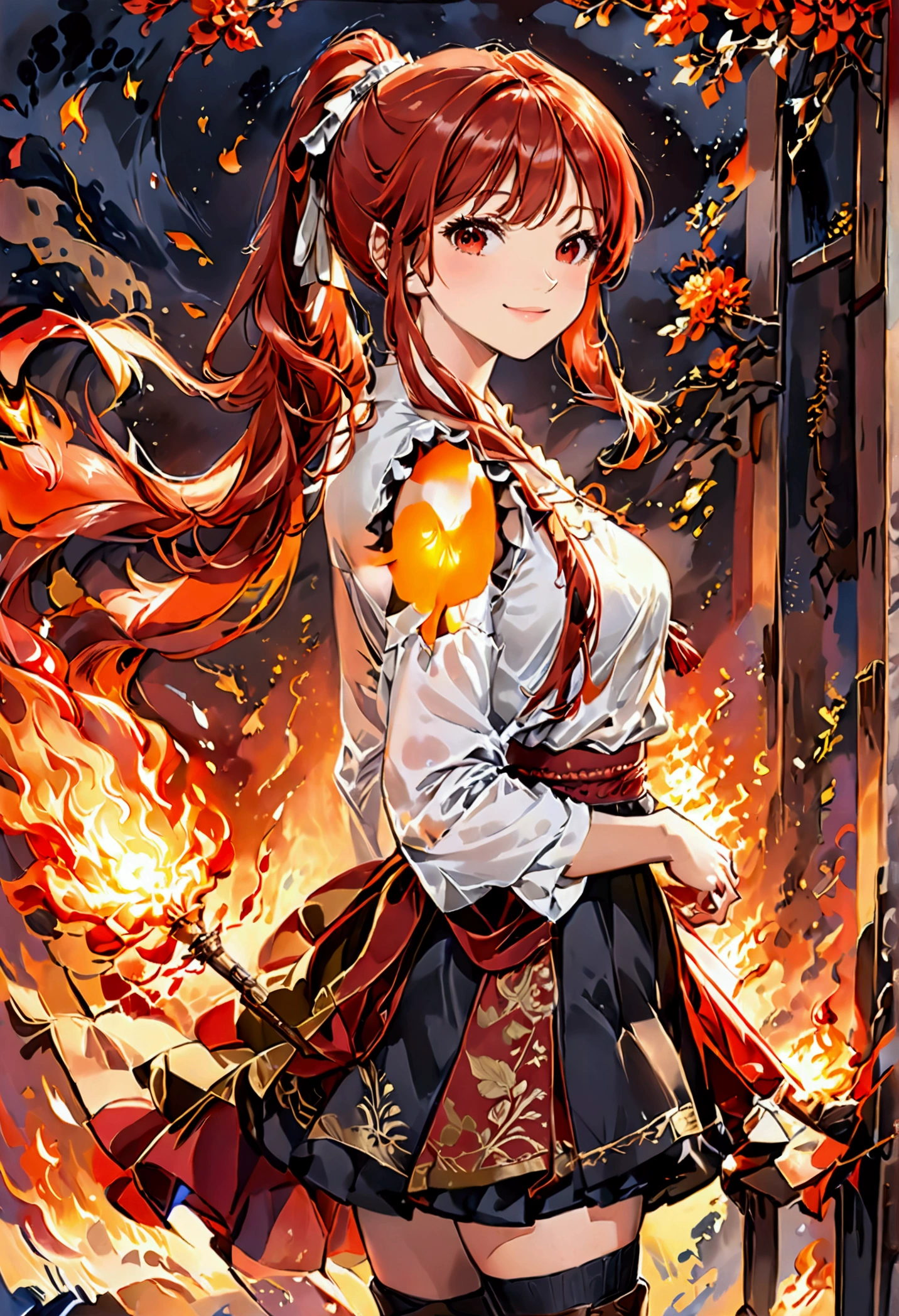 20 years old, long red hair, wears a ponytail, red eyes, always smiling. She dresses in an antique style, wearing a short brown skirt with black shorts underneath, ending above the knees. She wears knee-high brown boots. Her white blouse is sleeveless and features red details. She possesses fire powers and has a fire-themed background."