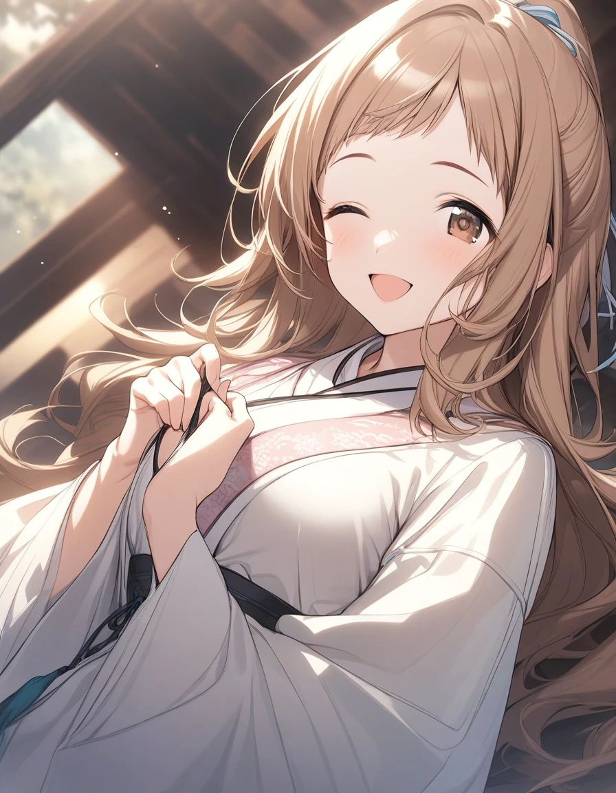 (masterpiece),(best quality),(ultra-detailed),(best illustration),(best shadow),(absurdres),(detailed background),(very aesthetic), 1girl, solo, mano sakuragi, brown eyes, brown hair, medium breasts, white Chinese hanfu, smile, hair ribbon, 32k, hair tie, very long hair, open mouth, smile, long sleeves , one eye closed,