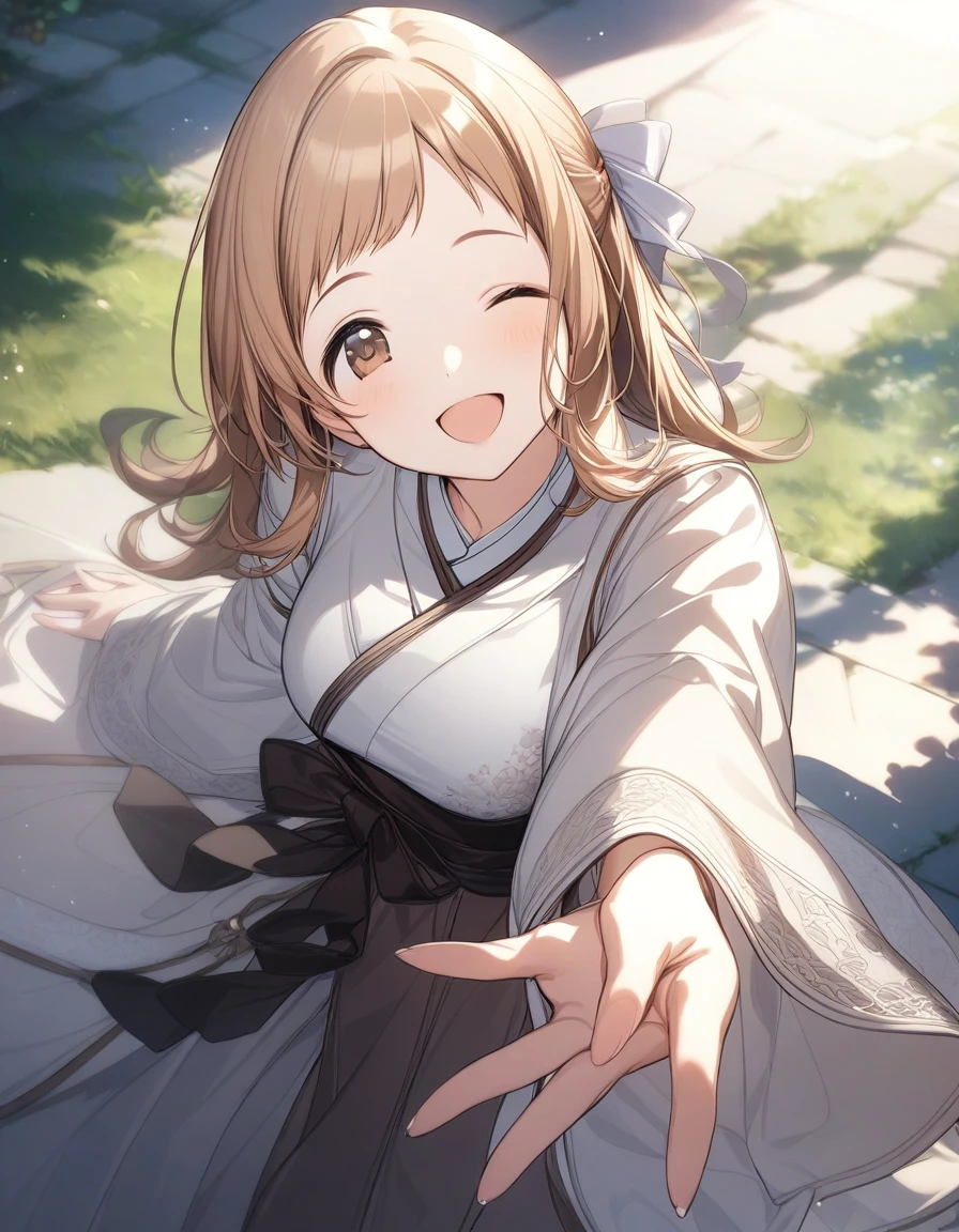 (masterpiece),(best quality),(ultra-detailed),(best illustration),(best shadow),(absurdres),(detailed background),(very aesthetic), 1girl, solo, mano sakuragi, brown eyes, brown hair, medium breasts, white Chinese hanfu, smile, hair ribbon, 32k, hair tie, very long hair, open mouth, smile, long sleeves , one eye closed, 