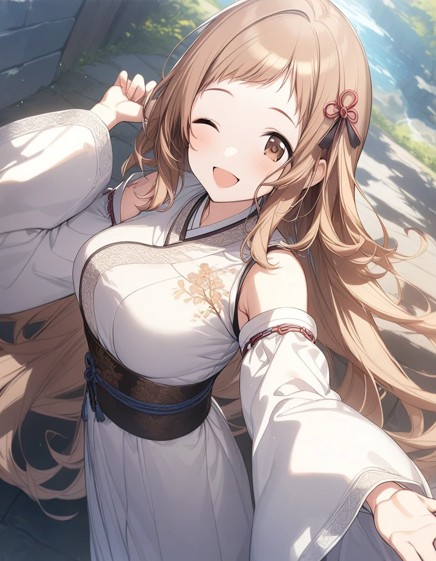 (masterpiece),(best quality),(ultra-detailed),(best illustration),(best shadow),(absurdres),(detailed background),(very aesthetic), 1girl, solo, mano sakuragi, brown eyes, brown hair, medium breasts, white Chinese hanfu, smile, hair ribbon, 32k, hair tie, very long hair, open mouth, smile, long sleeves , one eye closed, 