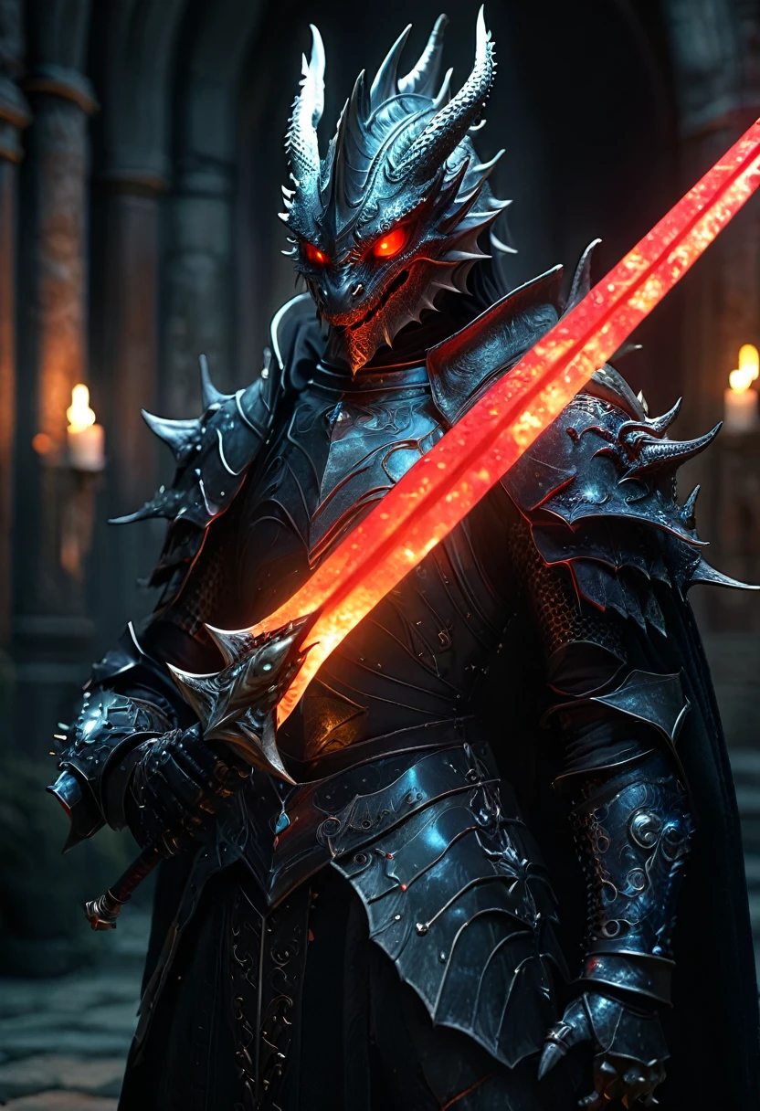 "ariel view of a fullbody skinny mask covered man with glowing eyes with a baby red/silver algae glowing hatchling dragon wrapped around his shoulders, holds a bloody celestial orb staff filled with magic in his hand wears light dark leather armor and a spiked helmet with a dark rainbow vibrant cloak standing in a dark room of the castle illuminated by candles, elden ring dark fantasy ultradetailed 64k 3d hdr, bioluminescent,